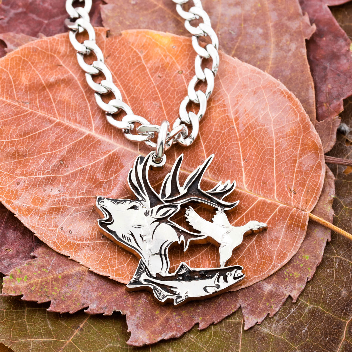 Elk, Duck and Salmon Fish Hunting Necklace, Engraved Animal Jewelry - Jewelry Made From Coins