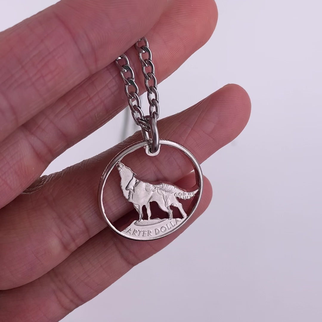 Wolf Jewelry, Howling, Hand Cut Coin, Quarter