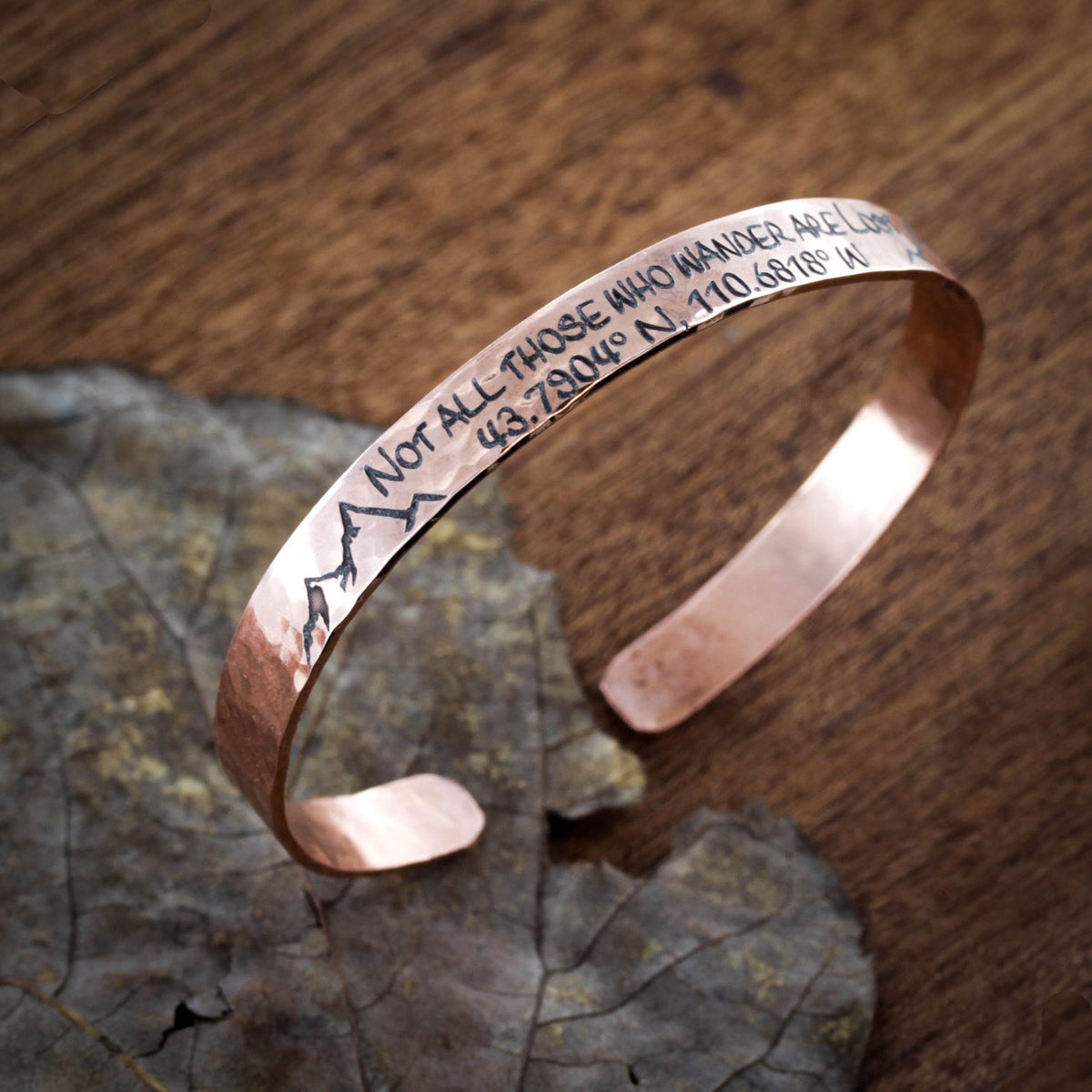 GPS Bracelet, Hammered Copper Cuff, with Mountans and GPS