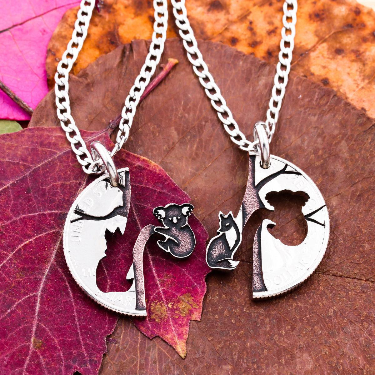 Koala and Fox BFF Necklaces, Best Friends Gifts, Engraved Tree and