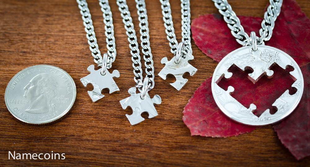 4 Puzzle Pieces Best Friends Coin Necklaces Friendships or Family