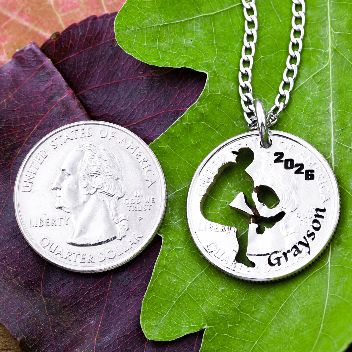 Baseball Pitcher Necklace, Custom Engraved Name and Date Namecoins