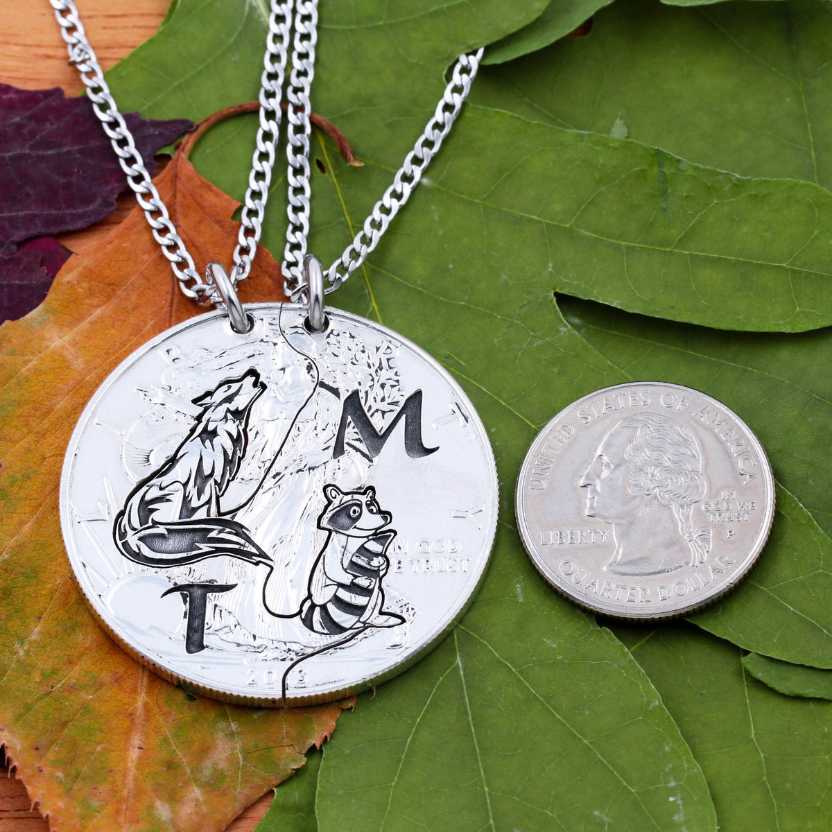 Raccoon and Wolf Necklaces, Engraved Initials and Animals