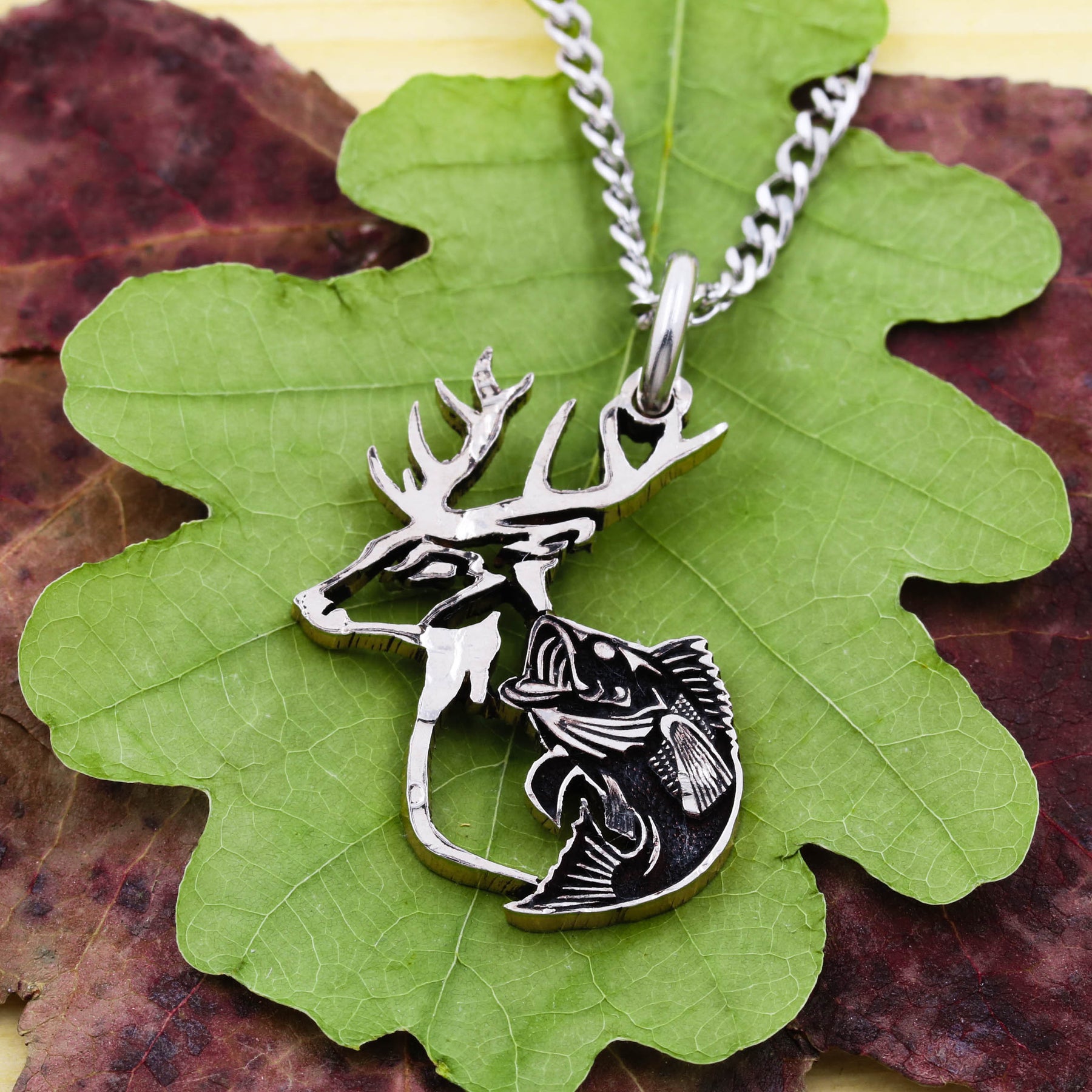 Buck Deer and Bass Fish Necklace, Hunting and Fishing Jewelry