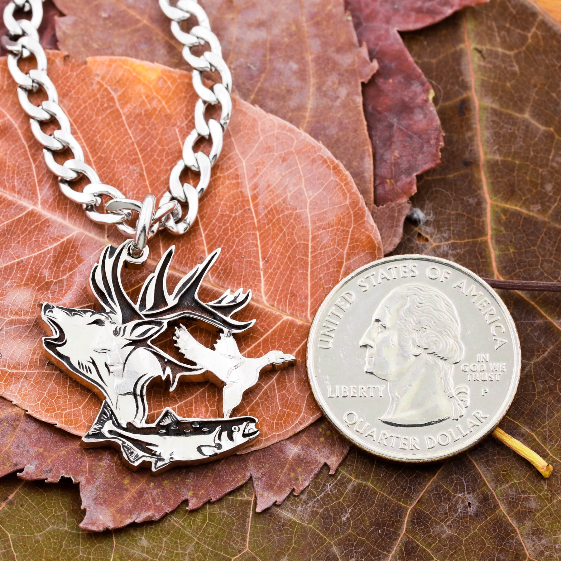 Elk, Duck and Salmon Fish Hunting Necklace, Engraved Animal Jewelry - Jewelry Made From Coins
