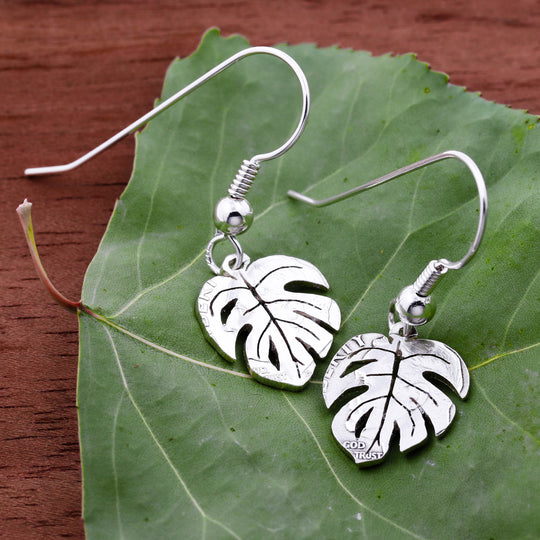 Silver Monstera Leaf Earrings, Hand Cut on Silver Dime - Jewelry Made From Coins