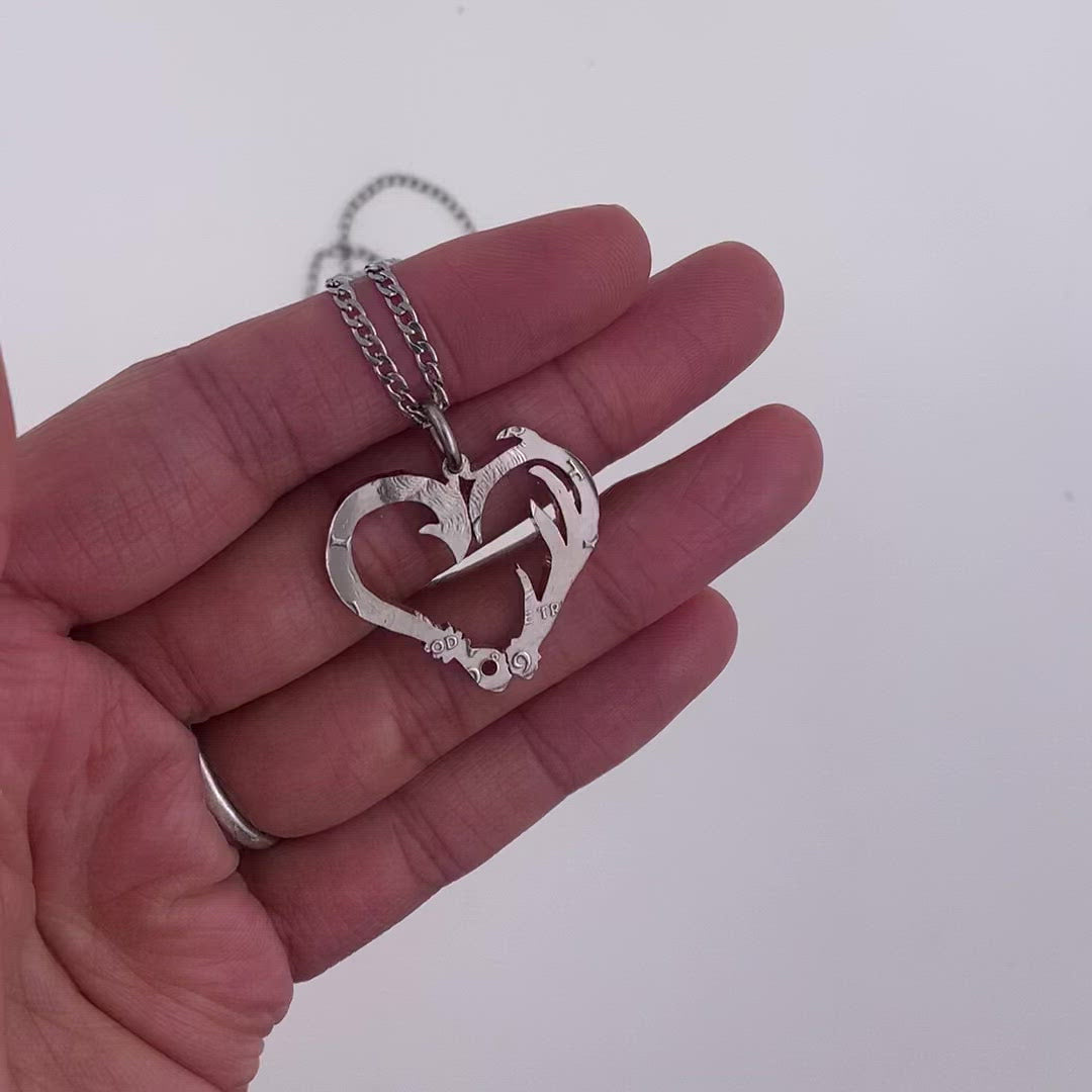 Fish Hook and Antler Heart Necklace Set, Hand Cut Coin