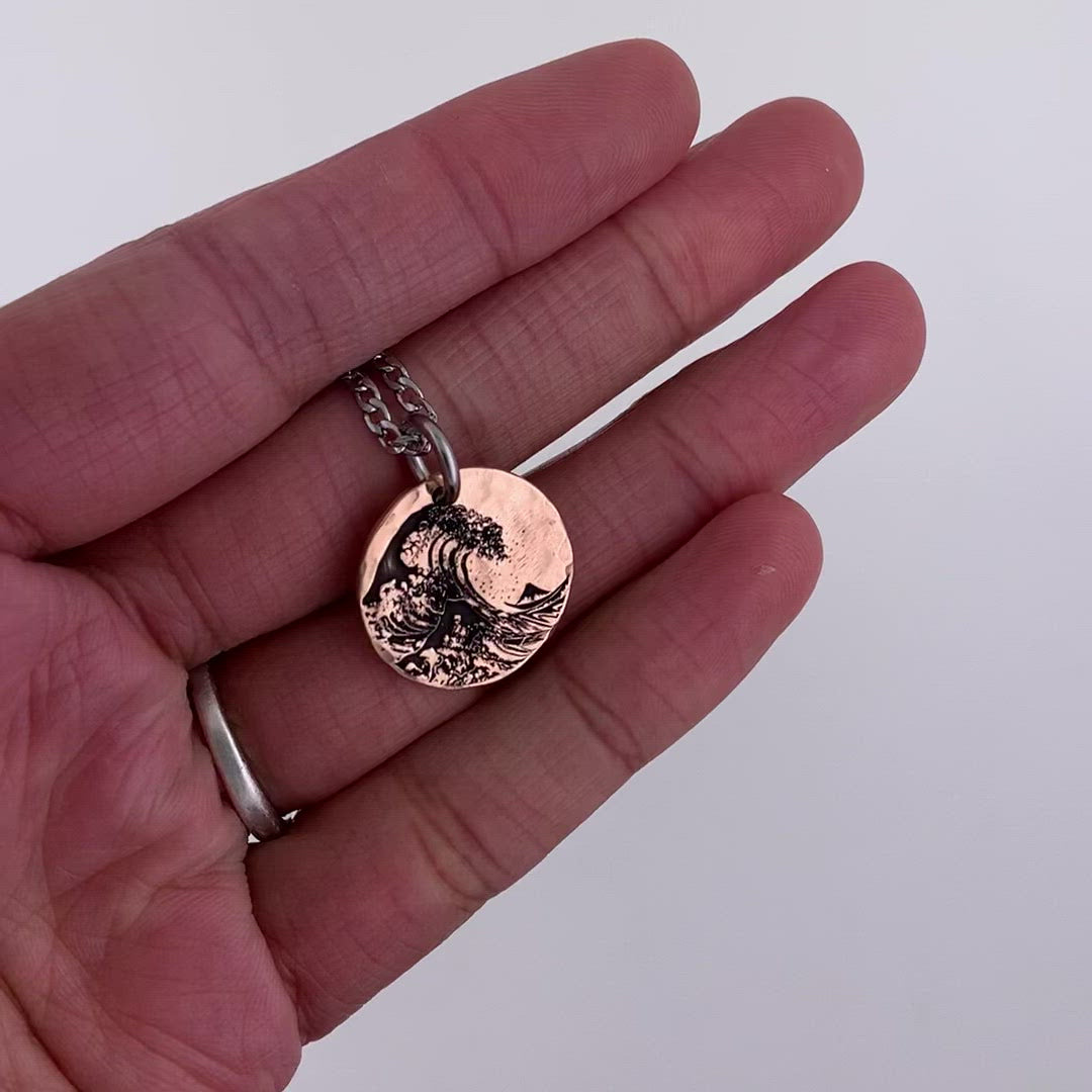 Great Wave Off Kanagawa Engraved on Copper Penny Necklace Adjustable Namecoins