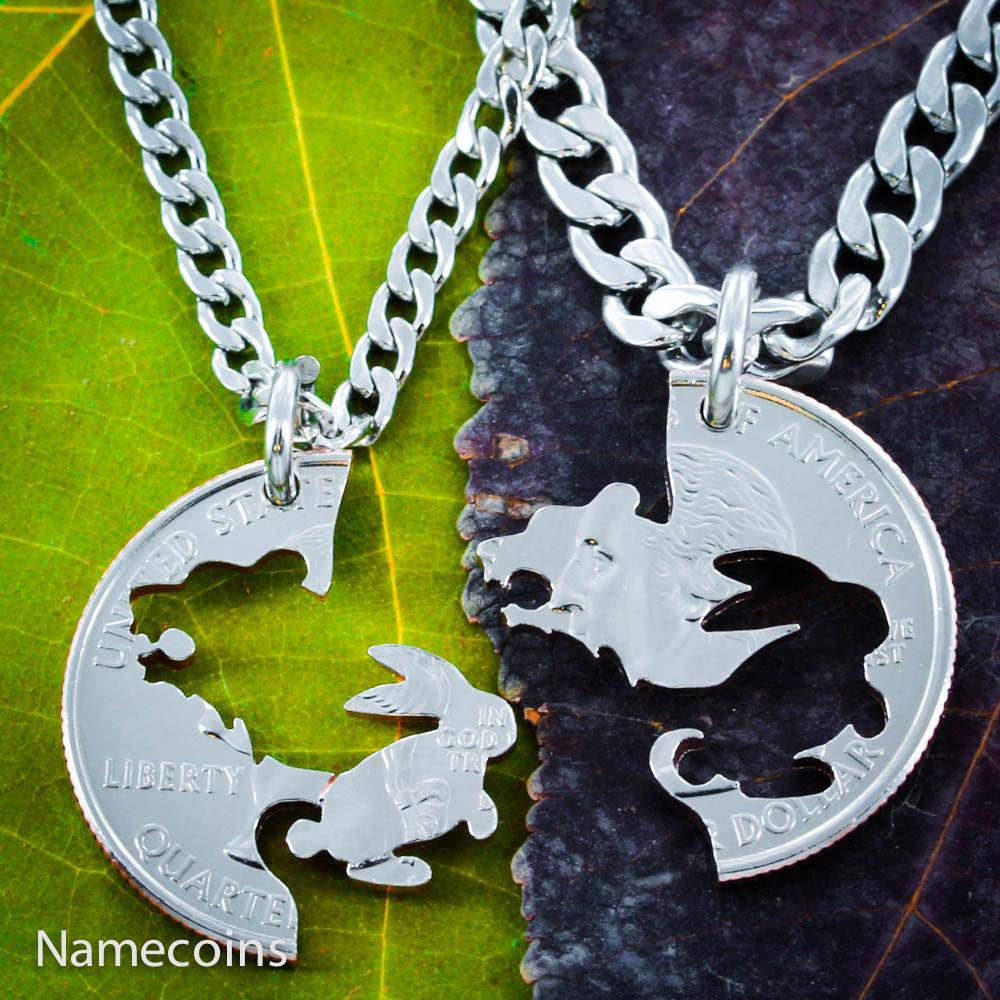 Bear and Bunny Necklace Set, Interlocking hand cut coin by NameCoins ...