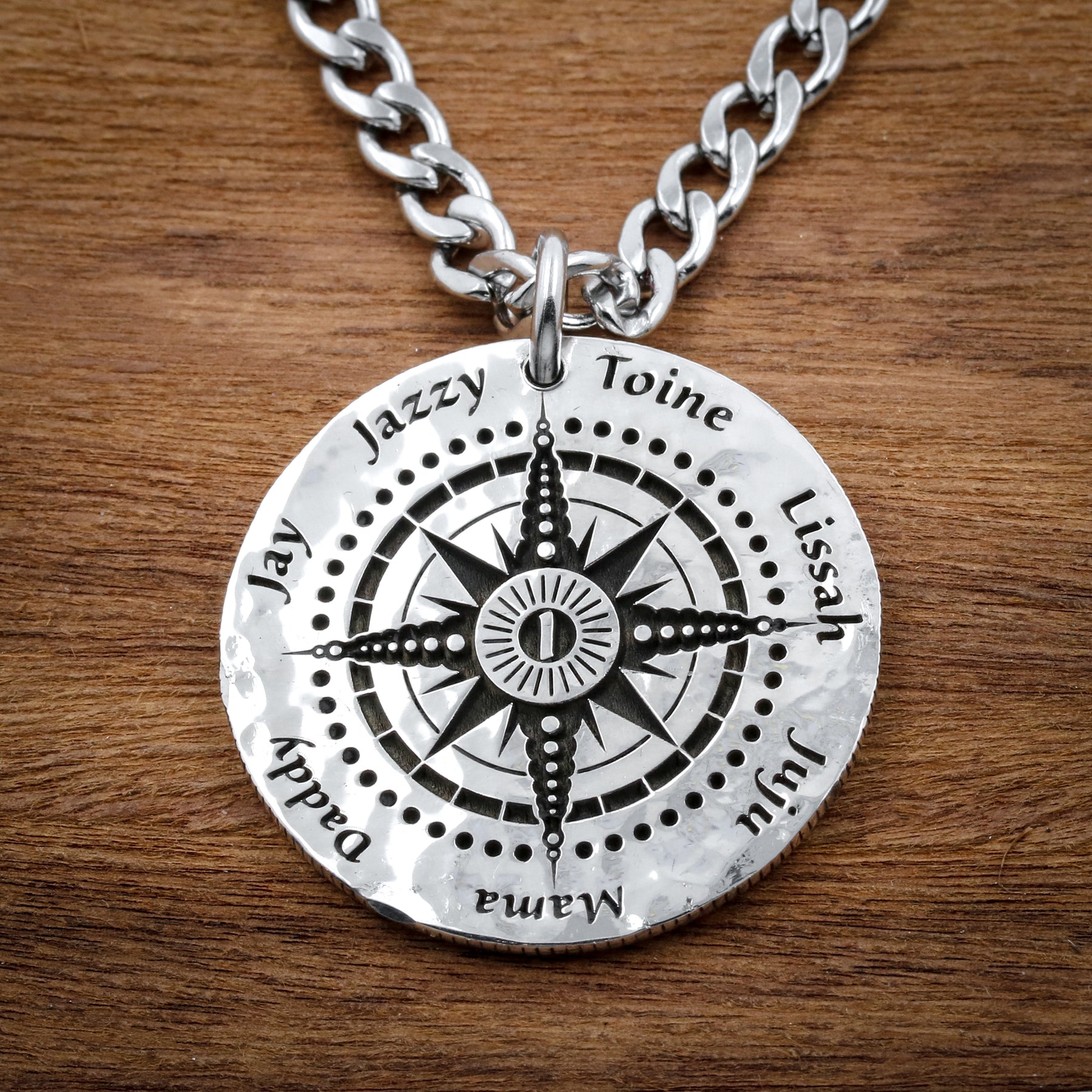 Personalized Compass Necklace, Family of 7, Engraved Silver Coin – Namecoins