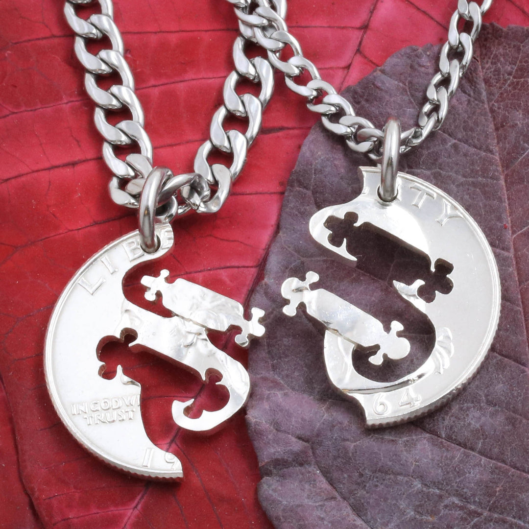 Skateboard BFF Necklaces, Best Friend Gift, Long Board Jewelry