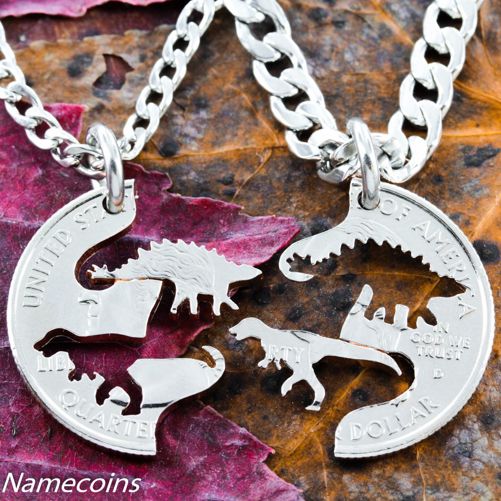 Raptor Stegosaurus Dinosaur Necklaces for Best Friends Hand Cut Coin Namecoins