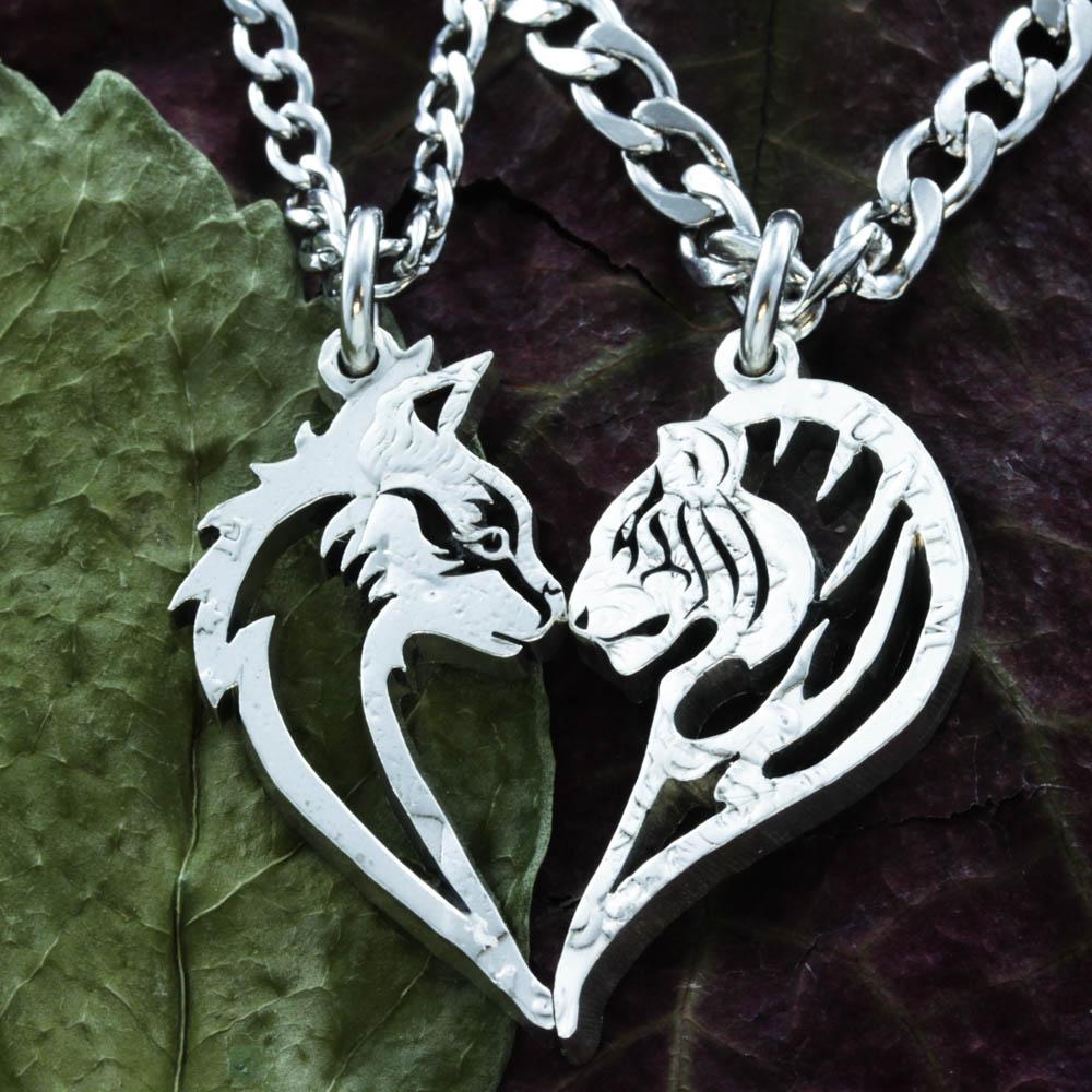 Tribal Tiger Kitty BFF Necklaces, Tigress Tomcat Heart Coin