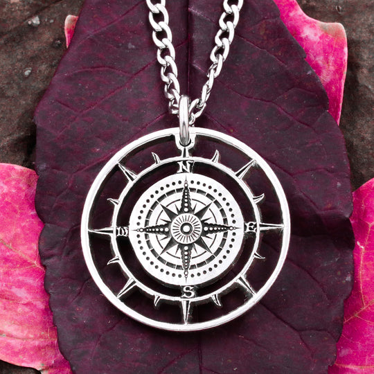 Silver Compass Necklace with Custom Coordinates, BackSide - Main Image