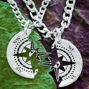 Silver Compass Couples Necklaces, Friends Travel Jewelry, Long Distance Relationship