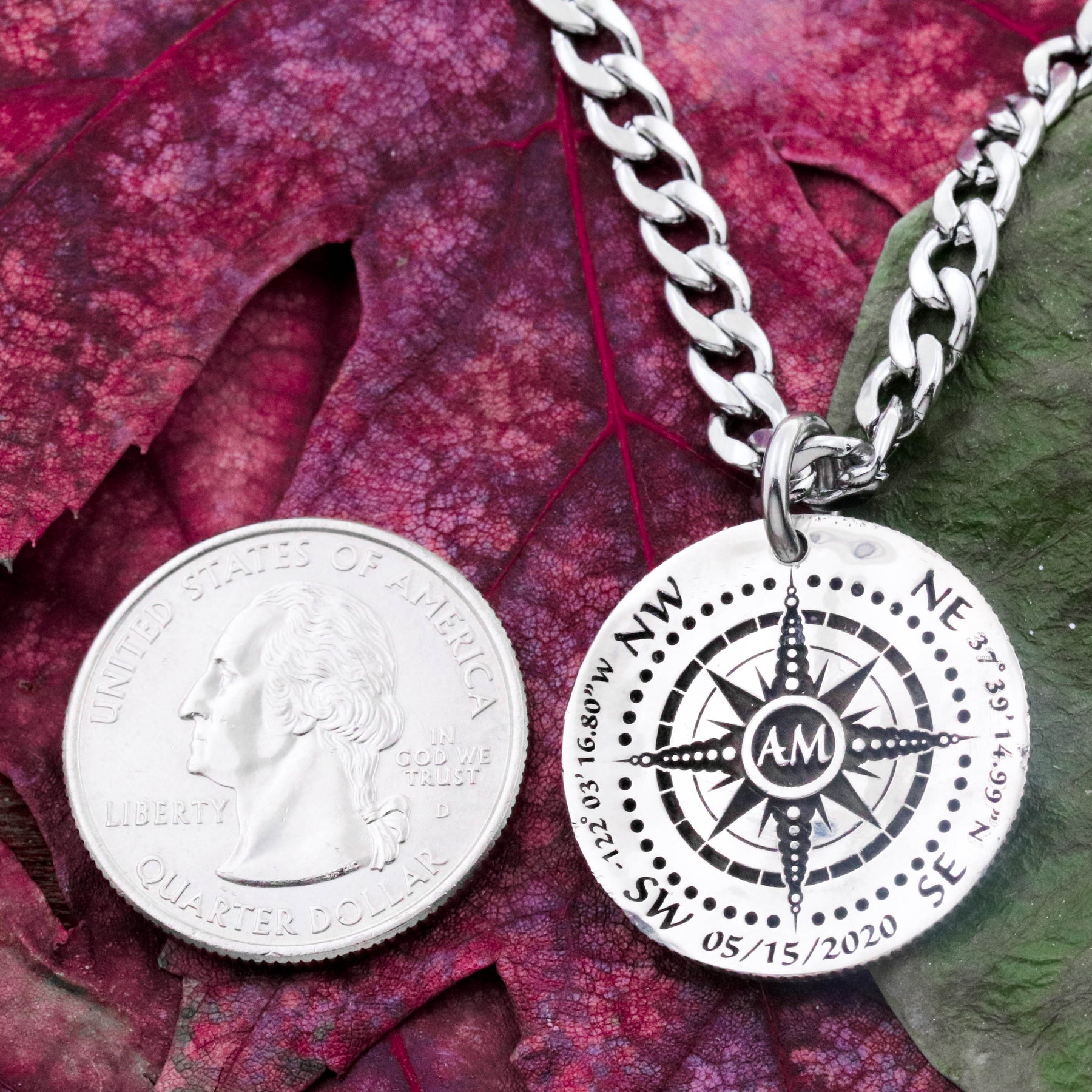 Silver Compass Monogram Necklace, Engraved Hammered Silver Quarter –  Namecoins