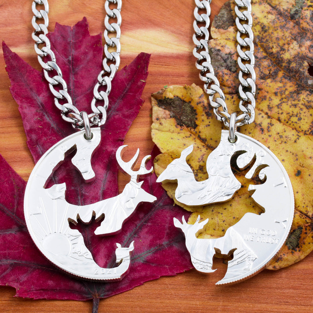 Family Necklace, Buck and Doe, Deer with Children, Hunting Jewelry