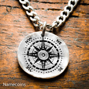 Silver Compass Necklace, Engraved into Hammered Silver
