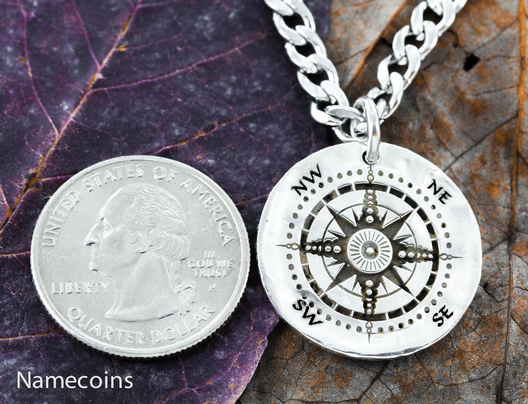Silver Compass Necklace, Hammered Silver Coin, Engraved Quote on