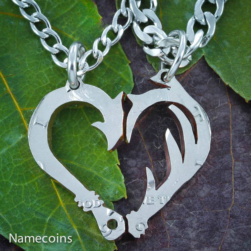 Fish Hook and Antler Necklace Set for Couples, Making a Heart - Jewelry Made From Coins