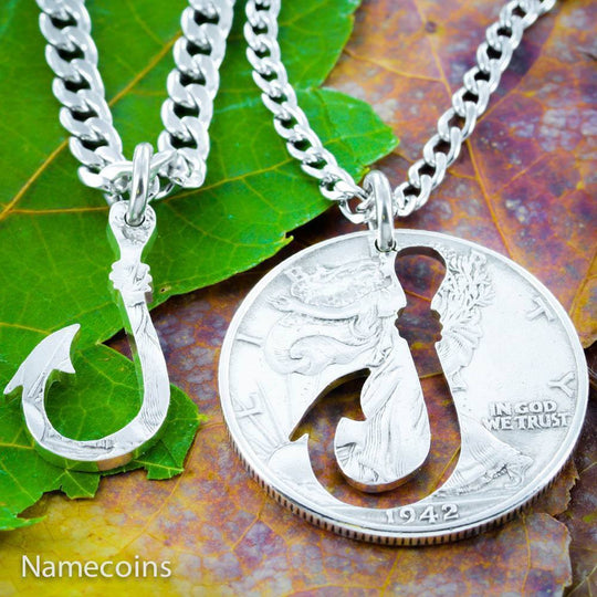 double fishing hook jewlery Fish Hook Couples Necklaces, Hand Cut Coin – Namecoins