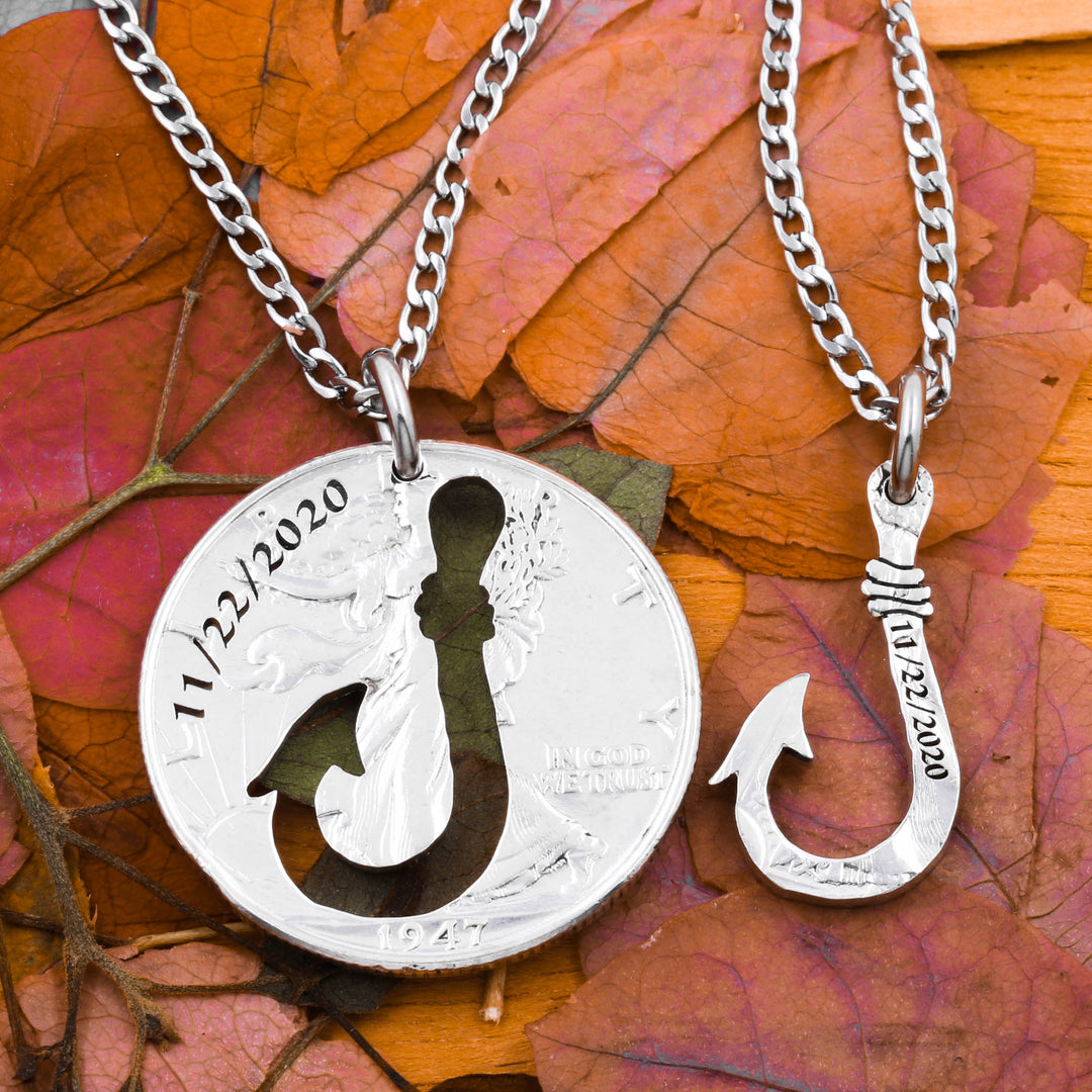 engraved fishing hooks with Custom Dates, Couples or Best Friend Necklaces - Jewelry Made From Coins GPS Coordinates BF25GS Hand Carved Guam Fish Choose-your-model:8' 30-50# Heavy Mod-Fast Boat Rod Spinner