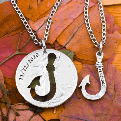 custom fish hooks Fishing Hooks with Custom Engraved Dates, Couples or Best Friend Necklaces - Jewelry Made From Coins