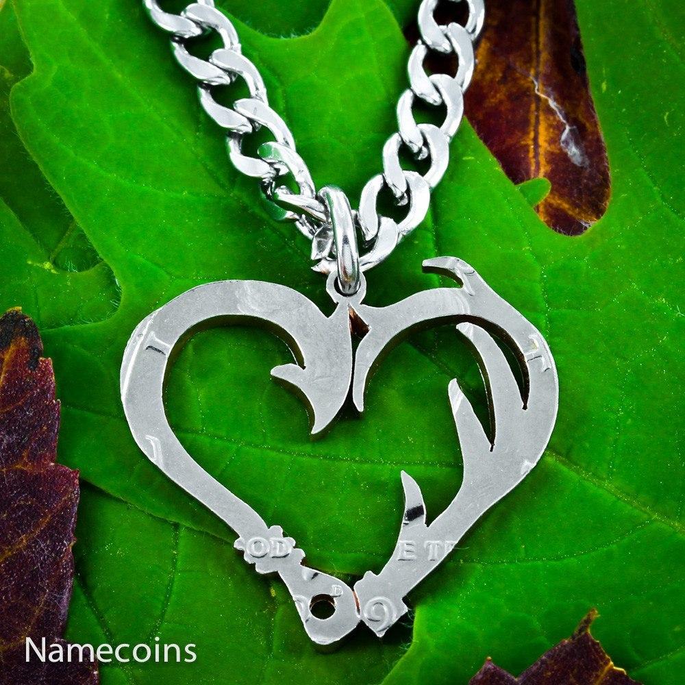 antler fish hook heart Fish Hook and Antler Heart Necklace Set, Hand Cut Coin