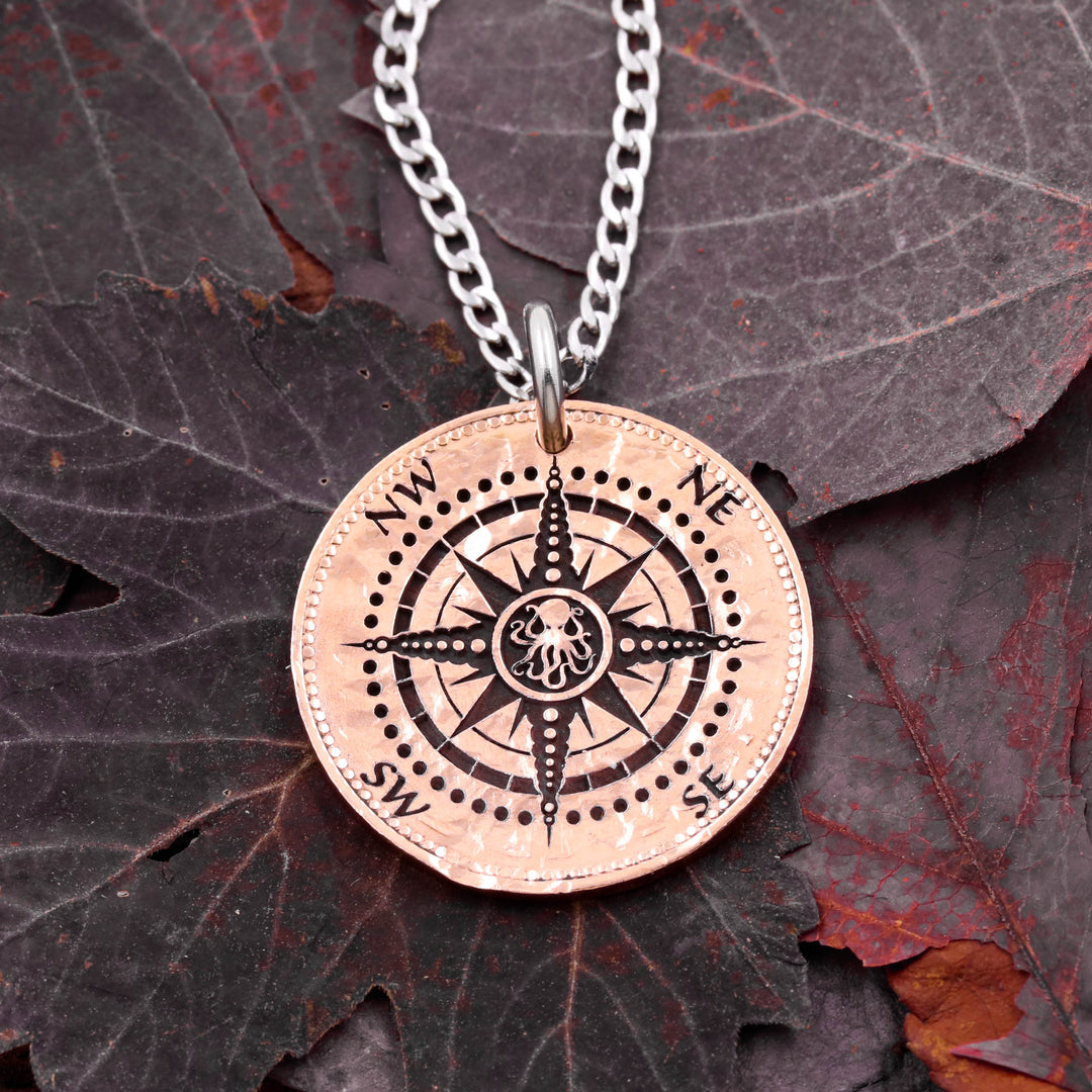Copper coin Compass Necklace with a Kraken Engraved Namecoins