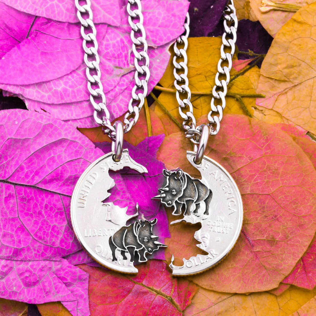 Rhinoceros Necklaces, BFF or Couples Gifts, Engraved Endangered